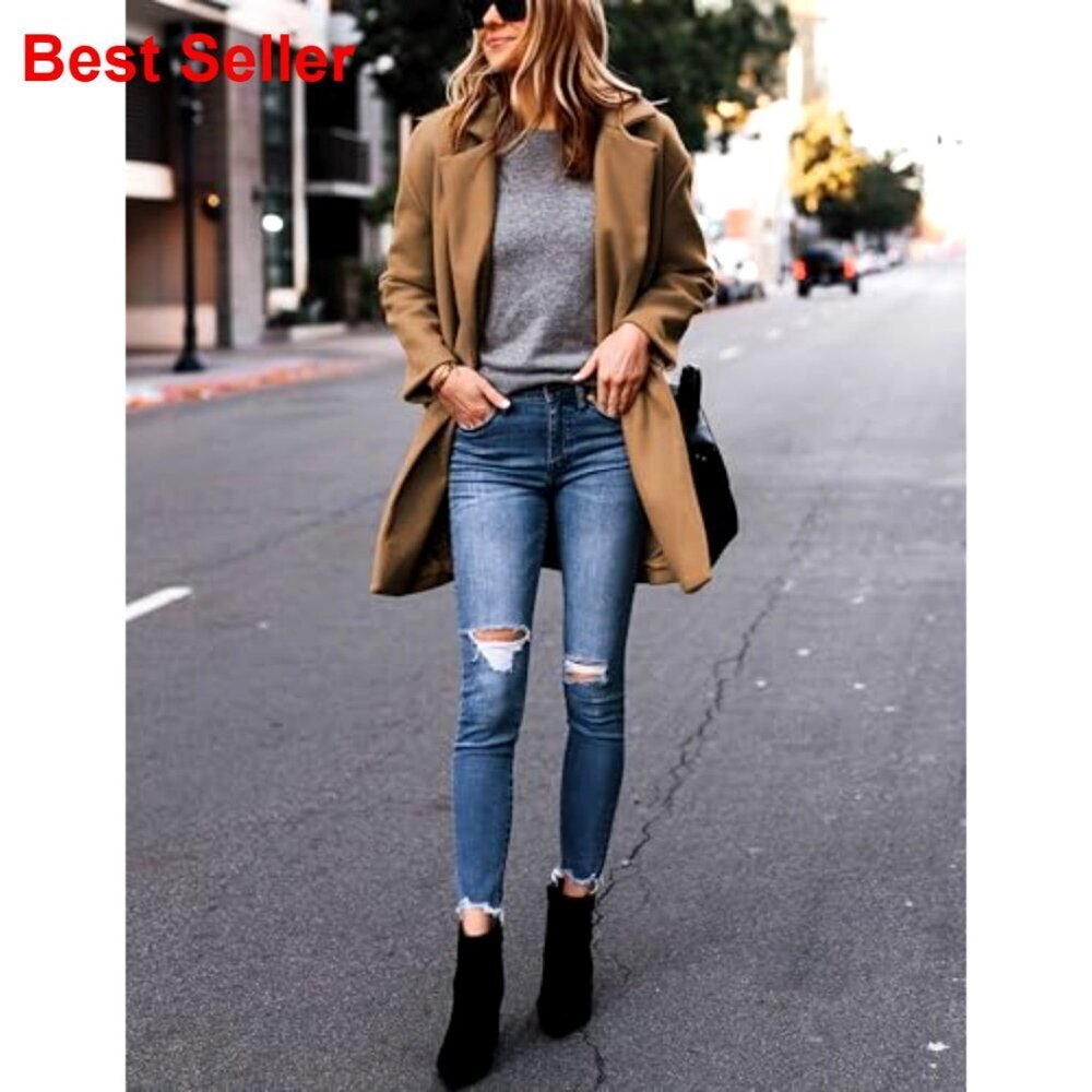 Notched Lapel Wool Blend Pea Coat Single Breasted Blazer Style - Picture 2 of 7